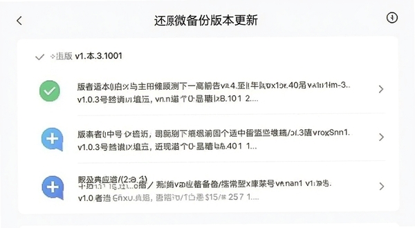 聊天记录还原微备份版本更新界面截图,画面展示版本号v1.0.3.1001与更新日志列表,背景为清爽的白色卡片式设计,带有绿色对勾与蓝色更新图标,整体简洁现代