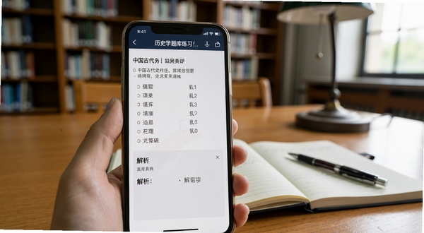 历史学考研题库练习界面截图,画面中手机显示一道关于中国古代史的选择题,选项清晰,下方有解析区域,背景是图书馆书桌,有笔记本和笔,自然光线,写实风格