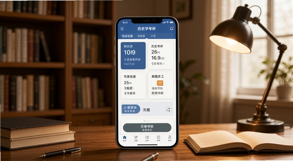 历史学考研软件主界面全貌预览图,画面中央是手机屏幕展示历史学考研应用的首页,包含知识点分类卡片和刷题入口,背景为书房环境,有书架和台灯,暖色调,写实风格,突出考研学习氛围
