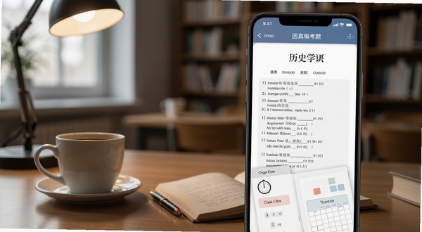 历史学考研真题模拟测试界面,手机屏幕展示一套历史学考研真题试卷,有计时器和答题卡,背景是安静的自习室,桌面有咖啡杯,柔和光线,写实风格