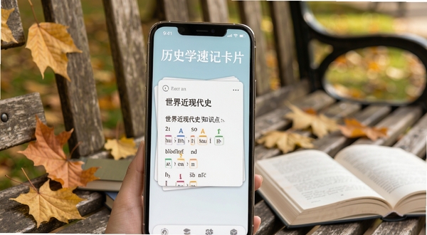 历史学考研速记卡片功能展示,手机屏幕显示一张关于世界近现代史知识点的记忆卡片,正面是问题背面是答案,背景是校园长椅,有落叶和书本,清新风格