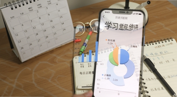 历史学考研学习进度统计页面,手机屏幕展示柱状图和饼图,显示每日做题量和正确率变化,背景是书桌一角,有日历和计划本,简约风格