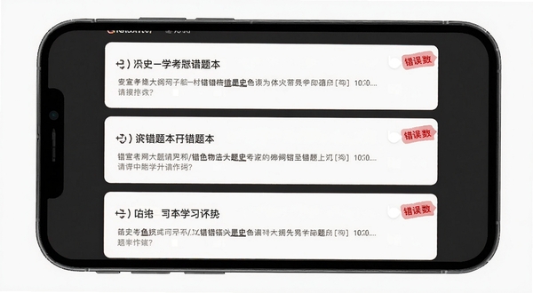 历史学考研错题本界面,手机屏幕展示错题列表,每道错题旁标有红色错误次数标记,背景为深灰色护眼模式,界面干净利落,突出学习工具的严谨感,适配Boogu模型生成