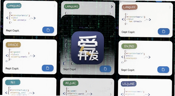 爱开发代码片段收藏夹功能界面,手机屏幕显示多语言代码卡片列表,每张卡片带有语言标签与复制按钮,背景为深色代码雨效果,画面中心突出爱开发应用图标,风格科技感十足