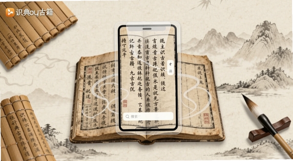识典古籍手机应用主界面展示,画面中央为一部摊开的古书与悬浮的透明屏幕重叠,屏幕内显示竖排繁体古文和检索框,背景为淡雅宣纸纹理与水墨远山,四周点缀竹简与毛笔元素,整体色调温润古朴,适配Boogu模型生成