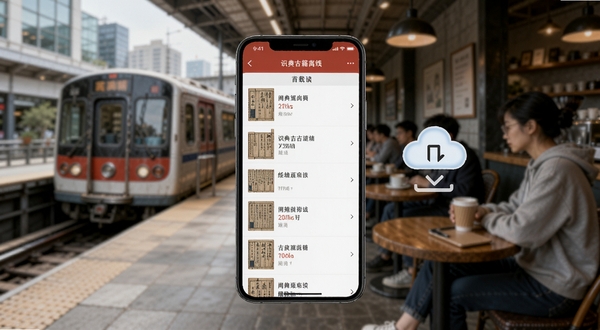 识典古籍离线阅读功能展示,画面中央为手机屏幕显示已下载古籍列表,旁边有下载箭头与云朵图标,背景为户外地铁或咖啡馆场景,突出随时随地阅读的便利感,适配Boogu模型生成