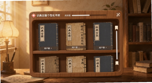 识典古籍个性化书架界面展示,画面中央为木质书架造型的UI界面,书架上摆放着用户收藏的古籍封面,旁边有阅读进度条与书签图标,背景为柔和暖光与书房一角,适配Boogu模型生成