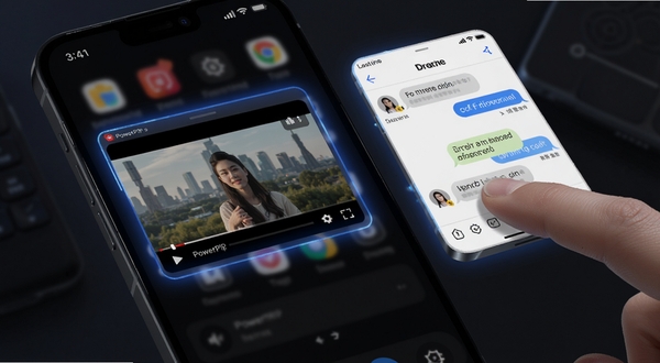 PowerPIP悬浮窗功能展示,手机屏幕上显示多个可拖拽的小窗口,一个窗口在播放视频,另一个窗口显示聊天界面,手指正在拖动窗口边缘调整大小,背景为深色主题,突出悬浮窗的灵活性,画面风格科技感十足