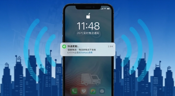 快递物流提醒实时推送通知界面,画面中央为手机锁屏界面弹出物流更新通知,背景为城市楼宇剪影与移动信号波纹,色调为科技蓝与白色,突出信息即时触达