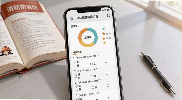 消防课堂智能组卷界面,画面中心为手机屏幕,屏幕内显示一份正在生成的模拟试卷,试卷上方有正确率环形图和难度星级标识,下方列出若干选择题选项,背景为淡灰色书桌场景,桌上放着一本翻开的消防教材和一支笔,光线柔和,风格写实偏插画