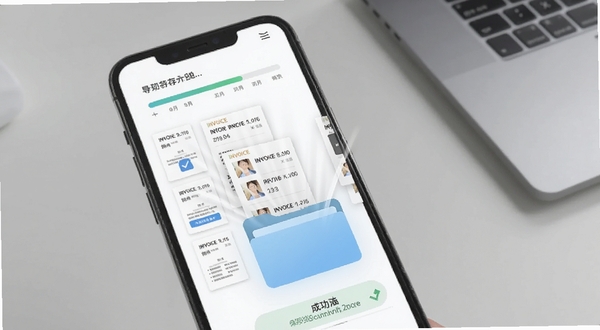 电子发票保存软件批量导入界面截图,画面展示手机屏幕内多张发票文件正被勾选并飞入文件夹动画,背景区域为淡灰色办公桌与笔记本电脑一角,屏幕中可见电子发票保存的导入进度条与成功提示,风格现代简约