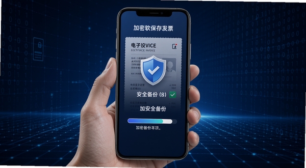 电子发票保存软件加密备份操作示意图,画面中央为手机屏幕显示盾牌图标与加密进度条,背景区域为深蓝色科技感网格与二进制代码纹理,屏幕内可见电子发票保存的安全备份字样,风格沉稳专业