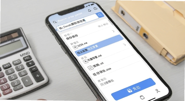 电子发票保存软件检索结果与批量导出界面,画面展示手机屏幕内搜索框输入关键词后列表高亮匹配项,背景区域为浅灰色办公桌面与计算器、文件夹道具,屏幕中可见电子发票保存的导出按钮,风格简洁高效