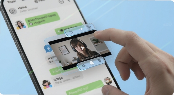 PowerPIP悬浮窗在手机屏幕上自由拖动缩放的操作示意图,画面展示一只手正在拖动迷你视频窗口,背景为社交聊天界面,窗口边缘有半透明控制条,整体为科技感浅蓝色调