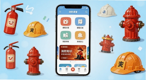 消防课堂软件主界面全貌展示,画面中央为手机屏幕,屏幕内呈现消防课堂应用首页,包含课程分类图标、消防知识轮播图和底部导航栏,背景区域为浅蓝色渐变,周围点缀灭火器、消防栓、安全帽等卡通元素,整体风格清新明亮,适配Boogu模型生成。