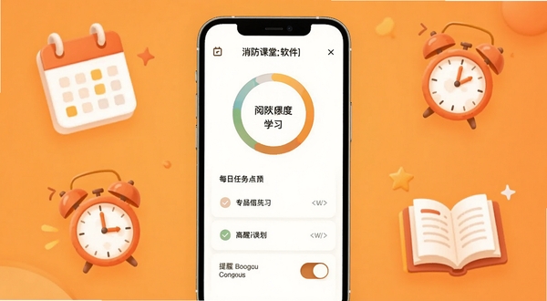 消防课堂软件学习计划与提醒功能展示,画面中央为手机屏幕,屏幕内显示学习进度环形图、每日任务列表和提醒设置开关,背景区域为暖橙色渐变,周围点缀日历、闹钟和书本图标,整体风格温馨且富有条理,适配Boogu模型生成。