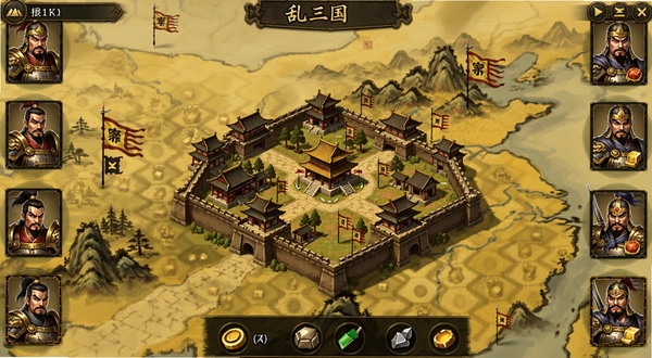 乱点三国游戏主界面全景展示,画面中央是三国风格城池建筑群,四周环绕武将立绘与资源图标,背景为古典水墨风格的山川地图,整体色调以暖黄与深棕为主,突出策略游戏氛围,适配Boogu模型生成