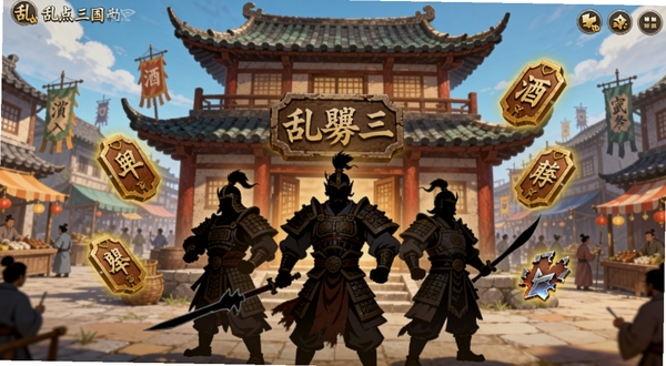 乱点三国武将招募界面,画面中心是一座古风酒馆建筑,门前站立三位三国名将剪影,周围飘浮着招募令牌与碎片图标,背景是热闹的集市街道,色彩鲜艳,细节丰富,适配Boogu模型生成
