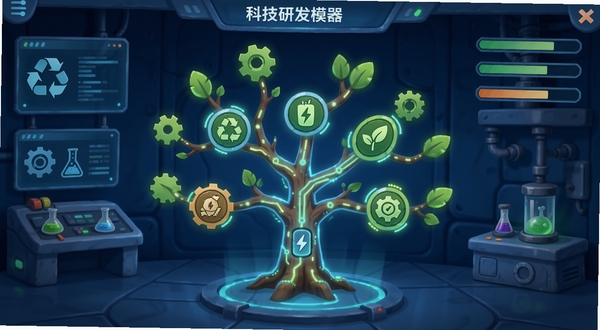 垃圾帝国模拟器科技研发界面,画面中央是一棵发光的科技树,枝干上分布着回收、分解、能源、环保认证等图标节点,背景为深蓝色实验室风格,有数据面板和进度条,科技感与卡通风格结合