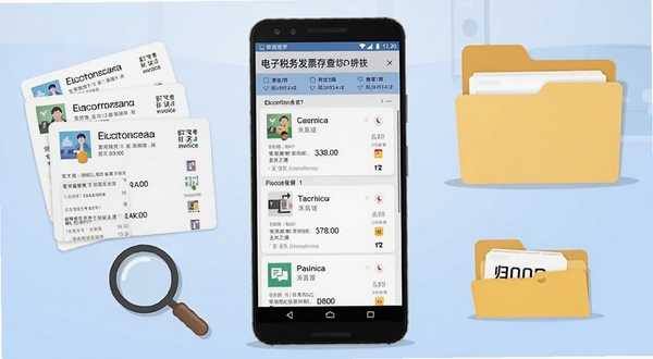 画面中央放置一部安卓手机,屏幕显示电子税务发票存查软件的发票列表界面,手机左侧散落几张电子发票卡片与放大镜图标,右侧为文件夹与归档标签,背景为浅蓝色渐变办公桌面区域,整体风格简洁商务,高清细节,2D扁平插画风格