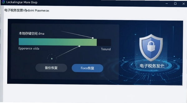 电子税务发票存查软件的数据存储设置界面,屏幕显示本地存储空间占用条与备份恢复按钮,旁边有盾牌图标代表数据安全,背景为深蓝色科技感渐变,整体风格稳重可靠