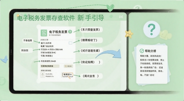 电子税务发票存查软件的新手引导界面,屏幕显示发票字段标注示意图与操作步骤箭头,旁边有问号图标与帮助文档,背景为浅绿色清新风格,整体画面友好易懂