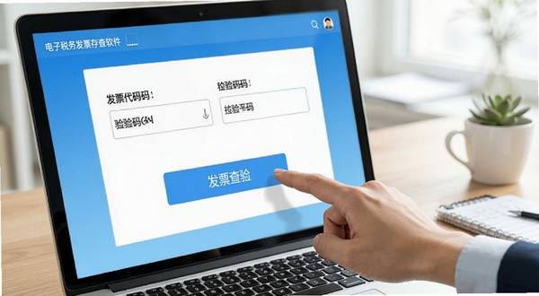 电子税务发票存查软件界面中,一只手正在点击发票查验按钮,屏幕上方显示发票代码与校验码输入框,背景为办公桌与笔记本电脑,整体色调清新明亮,突出查验功能的便捷与专业感