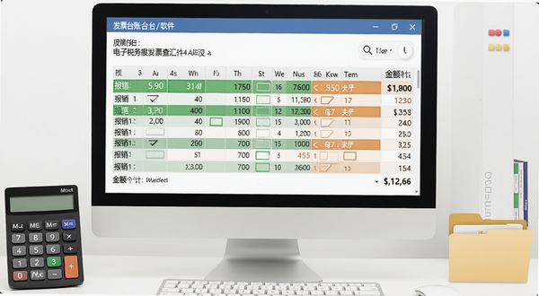 电子税务发票存查软件的报销台账界面,屏幕展示发票汇总表格与金额合计,表格中已报销与未报销条目用绿色和橙色区分,旁边有计算器与文件夹,背景为白色办公桌面,整体风格简洁商务