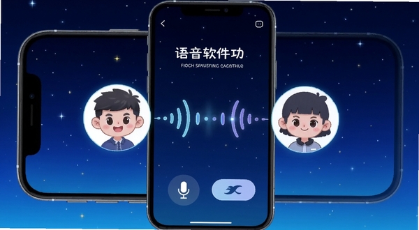 玄响软件界面展示,手机屏幕中央显示语音匹配成功画面,两个卡通头像通过声波线条连接,背景是深蓝色星空渐变,界面底部有麦克风和切换按钮,整体风格科技感十足