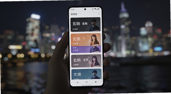 玄响安卓手机运行界面,手持手机展示语音房间列表,屏幕上有多个主题房间卡片,背景是模糊的城市夜景,突出手机屏幕内容,风格简洁现代