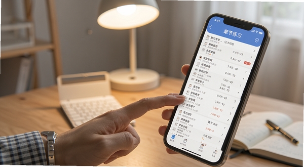 经济师考试宝手机界面展示海量题库列表,考生正在滑动浏览章节练习,背景为简洁的书桌场景,柔和灯光,高清写实风格