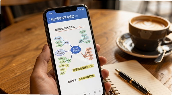 经济师考试宝考点速记界面,手机屏幕显示思维导图和重点标注,背景为咖啡馆桌面,暖色调,细节清晰