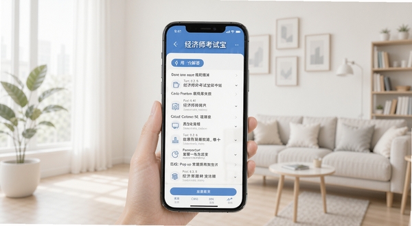 经济师考试宝用户问答界面,手机屏幕显示常见问题解答列表,背景为简洁的室内环境,明亮柔和