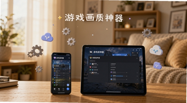 一部手机和一台平板电脑并排放在木质桌面上,两块屏幕都显示着游戏画质神器的配置备份界面,周围有齿轮和云朵图标漂浮,背景是温馨的室内环境,光线柔和,整体传达出‘游戏画质神器’便捷备份与跨设备同步的概念,主体位于画面下方三分之一处,上方留出空间展示漂浮元素。