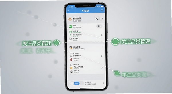华粮赞应用设置界面截图,展示通知权限与关注品类管理选项,画面以手机屏幕为主体,背景为浅灰色渐变,突出操作指引的清晰感