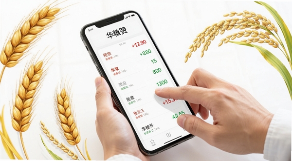华粮赞手机界面显示粮食价格涨跌列表,红色与绿色数字清晰可见,背景为简洁的白色卡片式布局,画面中央有一双正在滑动屏幕的手,周围环绕麦穗与稻谷元素,整体风格现代明快