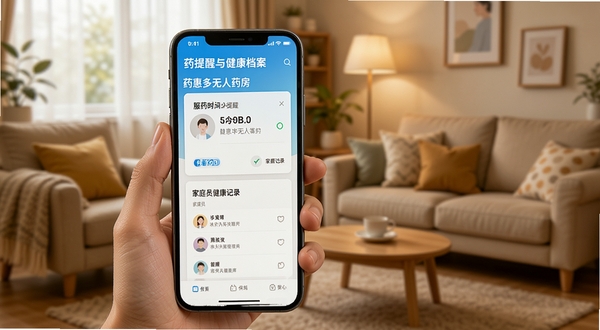 药惠多无人药房用药提醒与健康档案界面,手机屏幕显示服药时间提醒卡片与家庭成员健康记录,背景为温馨家居环境,体现健康管理场景