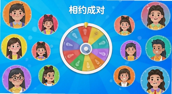 相约成对 软件主界面 中央显示配对转盘 周围环绕彩色人物头像 背景为明亮渐变蓝色 顶部有相约成对文字标识 整体风格活泼简洁 适合手机应用展示
