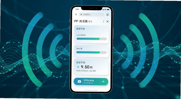 PP浏览器省流模式工作场景示意图,手机屏幕显示网页加载进度条与流量节省数据面板,背景为抽象网络信号波纹,画面色调以蓝绿为主,体现高效与节能