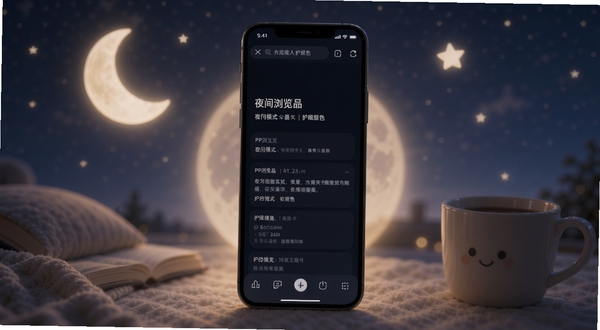 PP浏览器夜间模式与护眼配色展示,手机屏幕呈现深色背景的浏览器界面,文字清晰柔和,周围有月亮与星星的柔和光晕装饰,整体氛围安静舒适