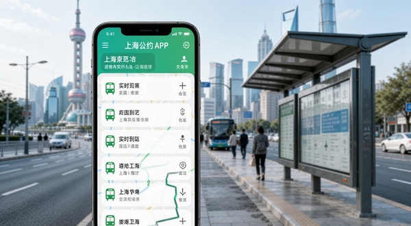 上海公交APP主界面展示,画面中央是手机屏幕,屏幕内显示上海公交实时到站列表与地图轨迹,背景为上海城市街景与公交站台,整体风格清新明亮,科技感与生活气息并存,高清细节,适合移动应用宣传图