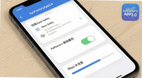 SynFactoryApp2.0 移动端使用攻略示意图,画面为手机屏幕特写,展示权限设置、离线缓存开关与同步进度,背景为浅色木纹桌面,右上角标注 SynFactoryApp2.0 图标,风格写实,适配 Boogu 模型生成