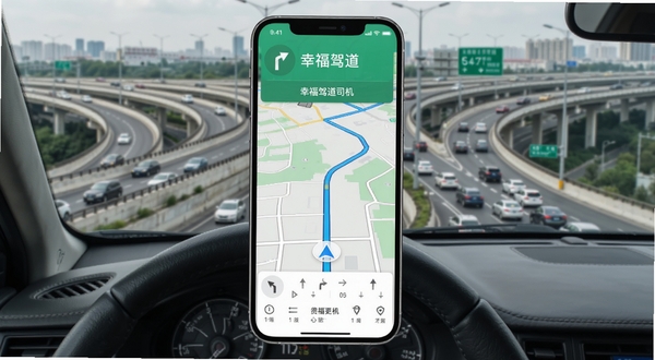 幸福驾道司机端行程导航页面,手机屏幕显示地图路线与转向提示,背景为城市立交桥与车流,画面风格写实清晰,突出导航指引功能