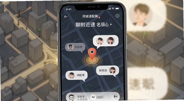 同城速配聊附近速配功能界面,手机屏幕显示地图定位点与用户头像气泡,主体位于画面中心,背景是简化的城市街道线条与暖色光晕,突出同城速配聊名称
