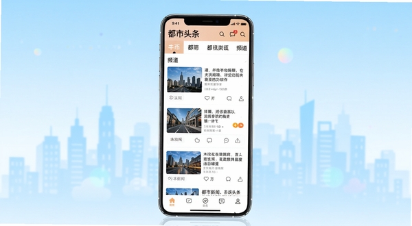 都市头条手机应用主界面展示,画面主体为一台竖屏智能手机居中放置,屏幕内呈现都市头条资讯瀑布流页面,包含本地新闻卡片与频道导航栏,背景区域为浅蓝渐变城市天际线剪影,整体风格清新明亮,适配Boogu模型生成