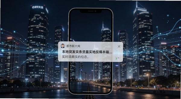 都市头条资讯推送功能展示,画面主体为手机屏幕弹出通知提醒,通知内容显示本地突发新闻标题,背景为都市夜景高楼灯光,屏幕周围有抽象的数据流线条装饰,体现实时推送与信息聚合概念,适配Boogu模型生成