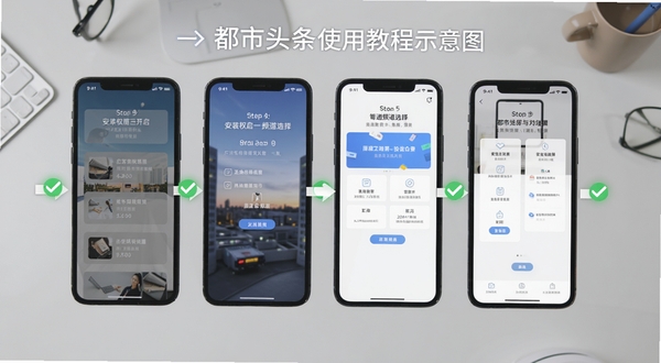 都市头条使用教程示意图,画面主体为手机屏幕分步展示安装权限开启与频道选择界面,背景为浅灰色桌面环境,屏幕旁有箭头引导与勾选图标,风格简洁直观,适配Boogu模型生成