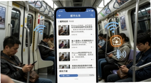 都市头条离线阅读功能界面,画面主体为手机屏幕显示已缓存文章列表与下载进度条,背景为地铁车厢内部环境,屏幕旁有WiFi信号与离线图标,体现无网阅读场景,适配Boogu模型生成