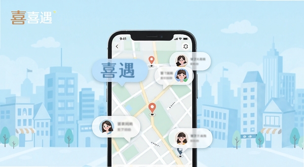 喜遇同城匹配功能视觉图,画面主体为手机屏幕显示地图与用户头像气泡分布,背景为浅蓝色城市街区风格插画,突出喜遇软件名称,风格简洁明快