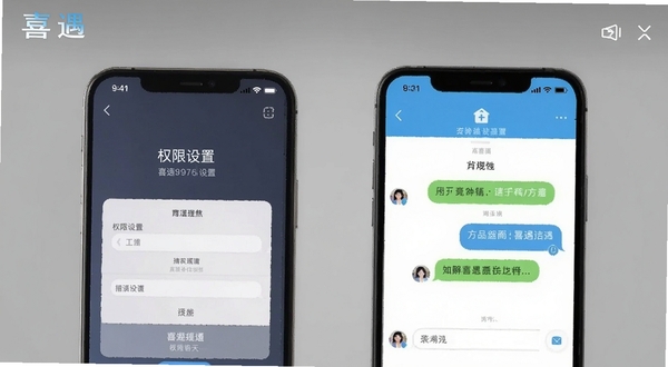 喜遇移动端操作界面截图风格图,画面主体为手机展示权限设置与聊天界面,背景为简约灰色调,突出喜遇软件名称,风格干净直观